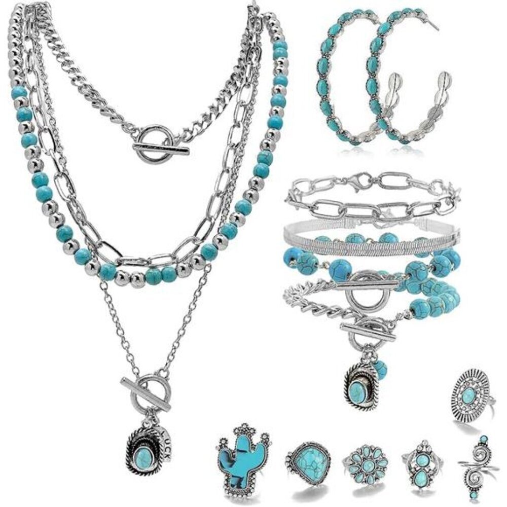 16 Pcs Western Jewelry for Women Bohemian Set, Faux Turquoise Jewelry Set